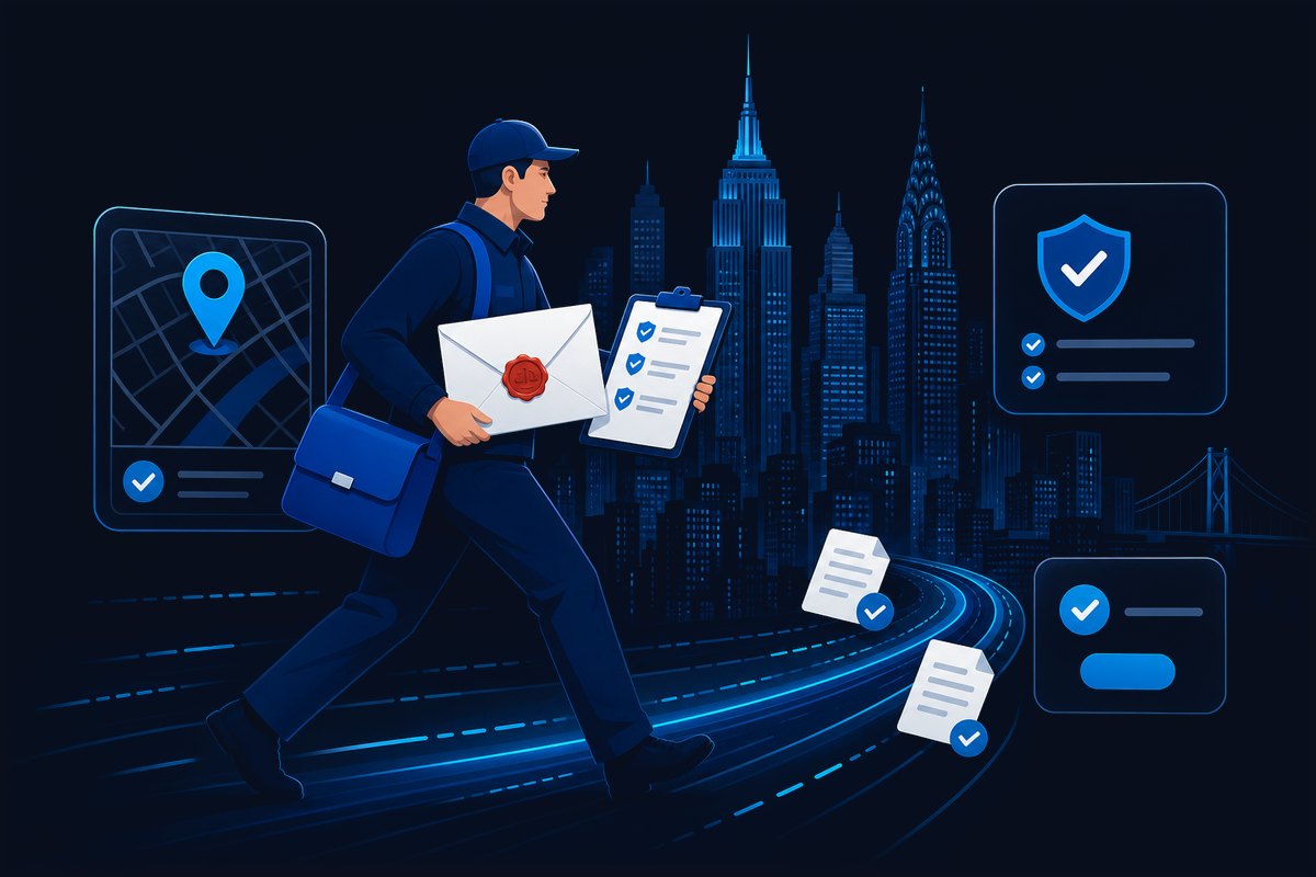 Process server delivering sealed legal documents with verified compliance across the city